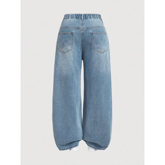 High-Waist Wide Leg Jeans Light Blue Denim Elastic Waist Modern Fit - Picture 2 of 6